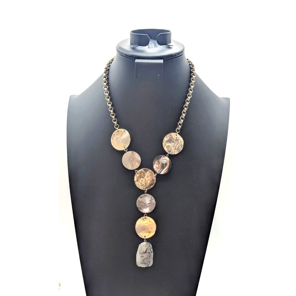 Lydell N.Y.C. Silver Tone Rutilated Quartz Shell Disk Rolo 18" Chain Necklace